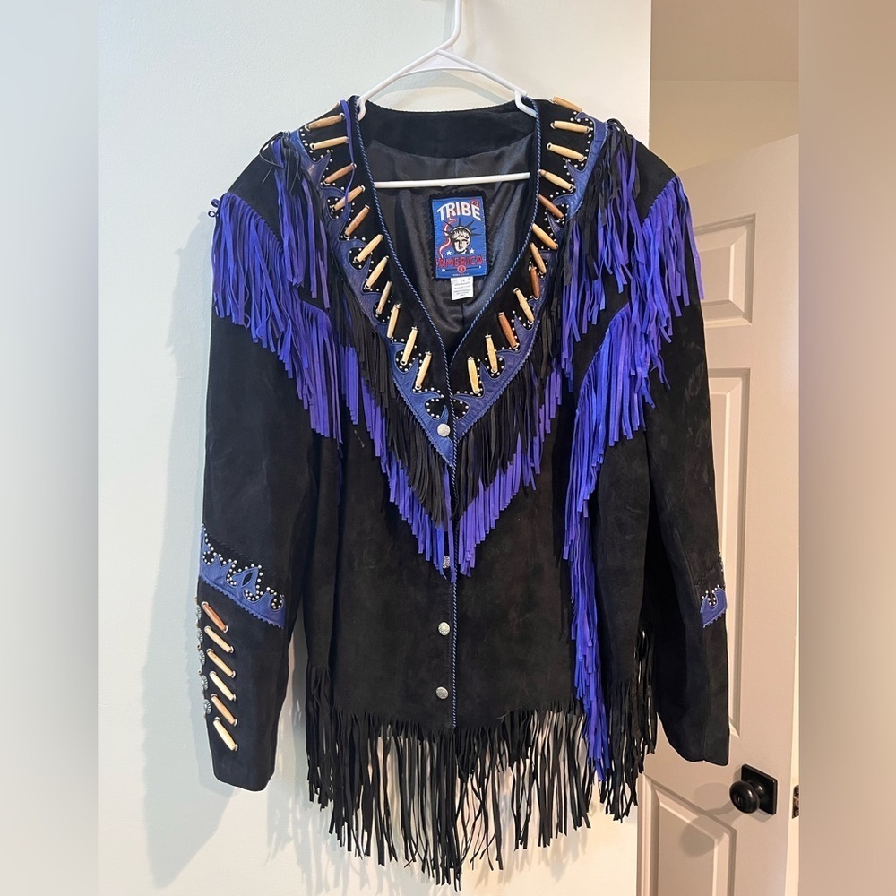 Tribe America Retro Fringe Leather Jacket With Bone And Stud Trim Size 24
